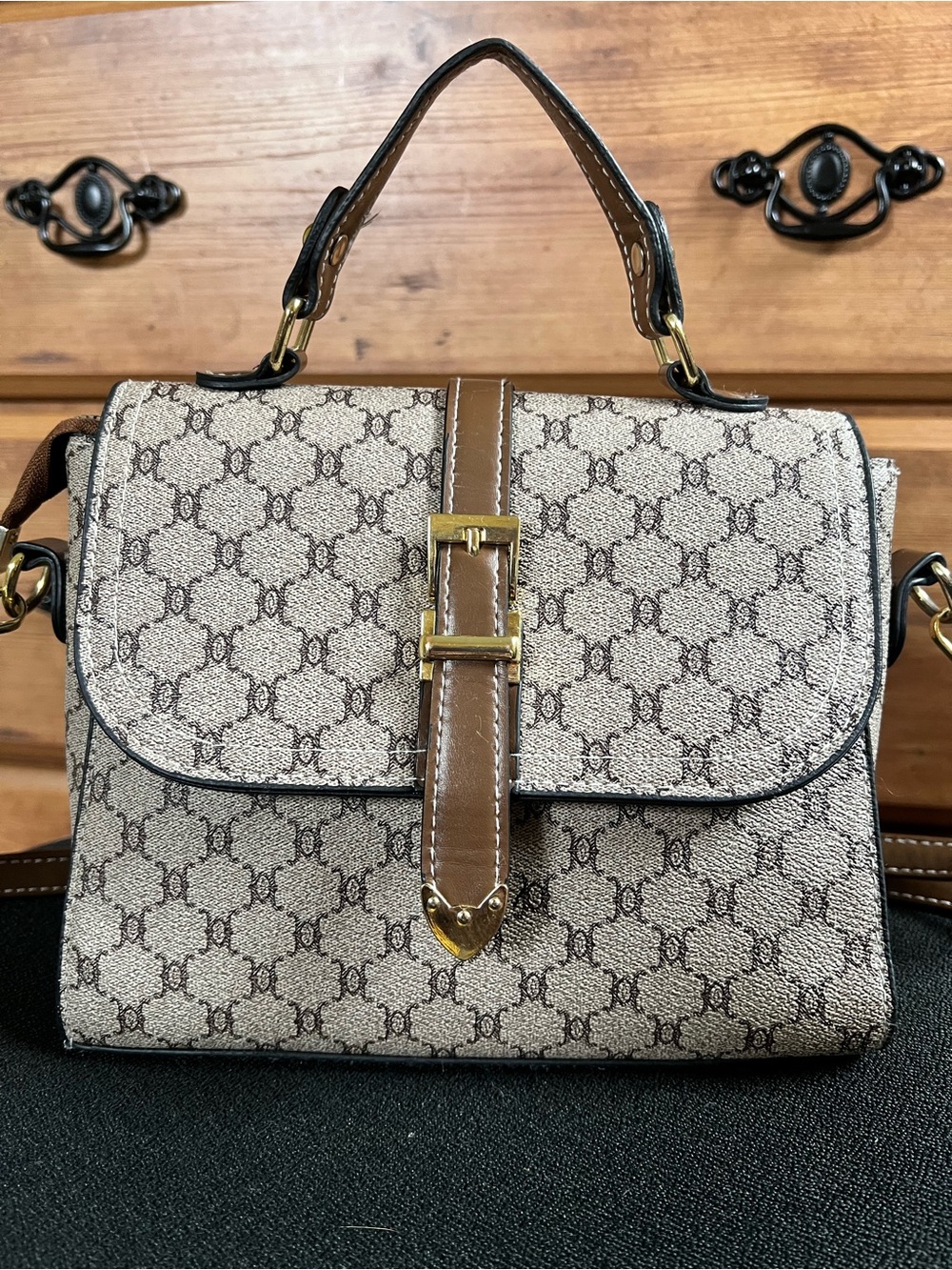SHEIN Beige Patterned Top-Handle Satchel with Brown Trim - Picture 4 of 9